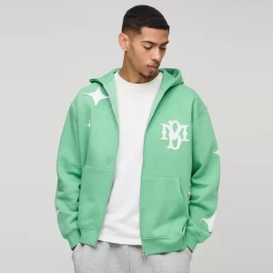 Oversized Star Applique BM Zip Through Hoodie