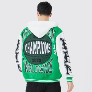 OVERSIZED APPLIQUE BASKETBALL JERSEY VARSITY JACKET