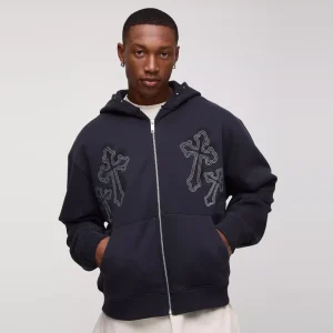 Oversized Boxy Cross Embroidered Zip Through Hoodie