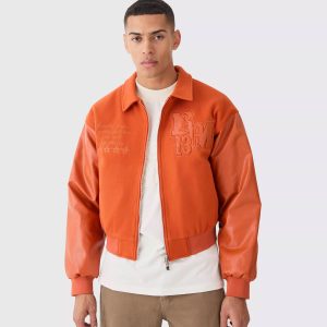 BOXY MELTON & PU COLLARED VARSITY JACKET