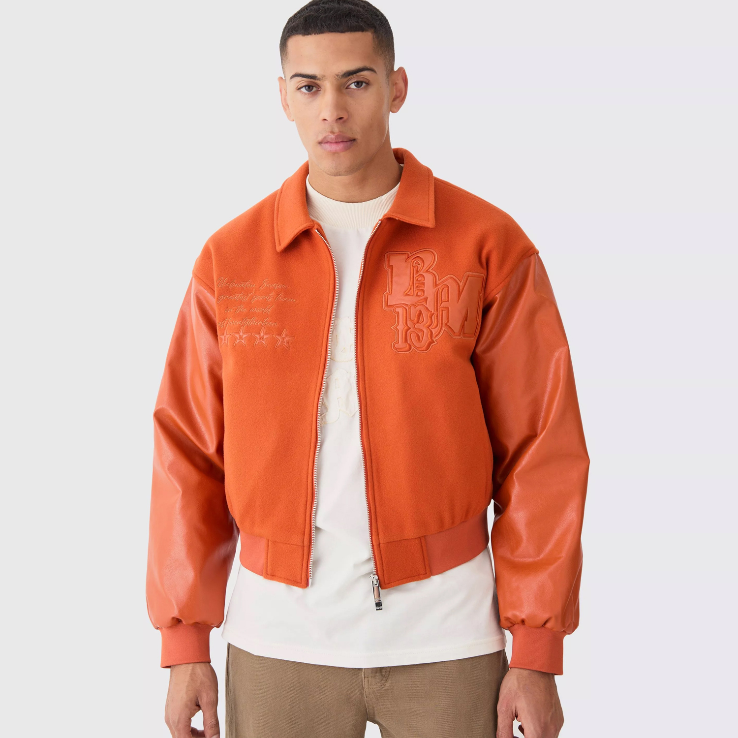 BOXY MELTON & PU COLLARED VARSITY JACKET