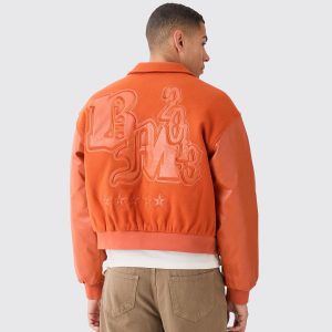 BOXY MELTON & PU COLLARED VARSITY JACKET