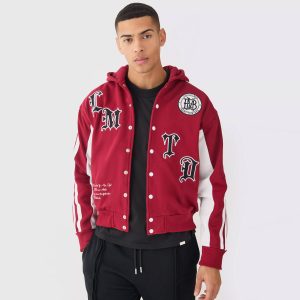 BOXY APPLIQUE TAPE DETAIL JERSEY VARSITY JACKET
